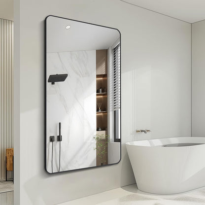 FORBATH Large Bathroom Mirror 36 x 55 Inches，Black Large Wall Mirror Aluminum Frame Wall Mounted Rounded Corner Morndern Mirror for Bathroom Bedroom Entryway Living Room