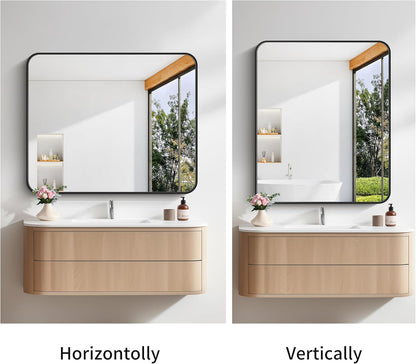FORBATH Bathroom Mirror 30" x 36", Rectangle Black Bathroom Mirror with Black Aluminum Frame Rounded Corner, Wall Mounted Mirror for Bedroom Entryway Living Room
