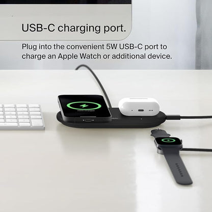 Belkin 2-in-1 Wireless Charging Pad w/ Qi2 15W + Additional USB-C Port - MagSafe-Compatible Charger, Charging Station for iPhone 16 & 15 Series, Samsung Galaxy S25 Series, AirPods, & More - Black