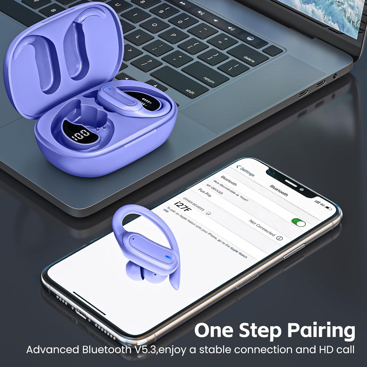 Wireless Earbuds, Bluetooth 5.4 Headphones, True Wireless Stereo Earphones with IPX7 Waterproof, Noise Cancelling Mic, Fast Charging and Comfort Fit Ear Buds for Sports/Workouts - Purple