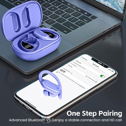 Wireless Earbuds, Bluetooth 5.4 Headphones, True Wireless Stereo Earphones with IPX7 Waterproof, Noise Cancelling Mic, Fast Charging and Comfort Fit Ear Buds for Sports/Workouts - Purple