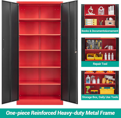 SISESOL Red Metal Storage Cabinet with Locking Doors and Shelves,Garage Storage Cabinet with Lock,Steel Locker,Lockable Cabinets for Home,Office,Shop,Garage Cabinets