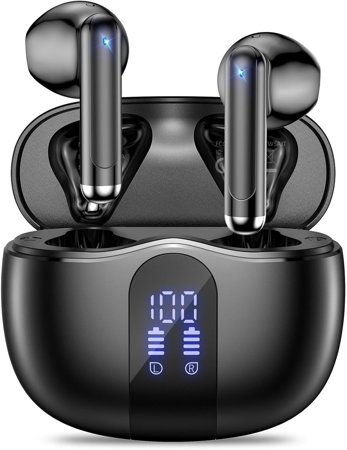 Wireless Earbuds, 2025 Bluetooth 5.4 Bass Stereo Headphones with 4 ENC Mic, 50H Playback Ear Buds with Charging Case LED Display,Sport Earphones IPX7 Waterproof for Phone, Android, Pad, Black