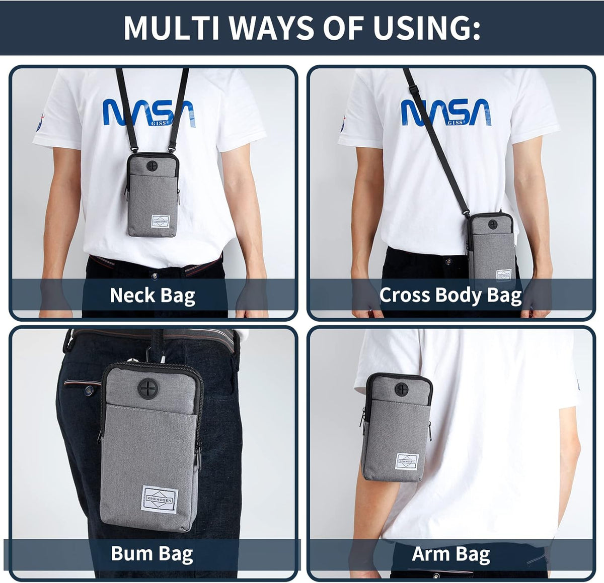 Cell Phone Purse Waist Pack Bag Travel Crossbody Bag Wristband Sport Armband Wallet with Removable Shoulder Strap (Light Grey)