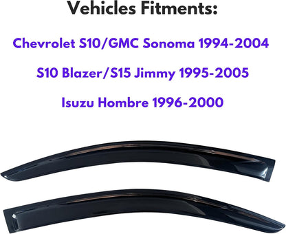 KPY Window Visor Compatible with 1994-2004 Chevrolet S10/GMC Sonoma & S10 Blazer/S15 Jimmy 1995-2005 & Isuzu Hombre 1996-2000, Rain Guard Vent Deflectors Tape-On, 1996 1997 1998 1999 2001 2002 2003