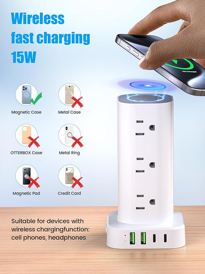Tower Power Strip with 15W Wireless Charger, 10FT Flat Plug Extension Cord with Multiple Outlets, 12 AC Outlets, 4 USB Ports (2 USB C) Charging Station Surge Protector for Office Home Dorm Room(White)