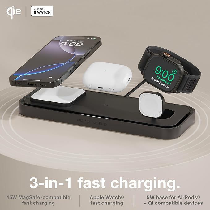 NOCO XGrid XDP3: 3-in-1 Wireless Charging Pad – Charging Station for iPhone, Apple Watch, and AirPods – MagSafe Compatible, Qi2 Certified – Includes 45W USB-C Wall Charger and 6.5-Foot USB-C Cable