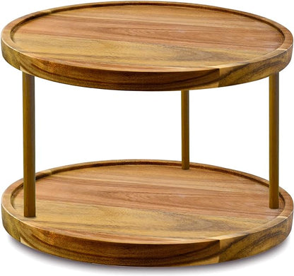 14" Two-Tier Acacia Wood Lazy Susan Organizer Kitchen Turntable for Cabinet Pantry Table Organization