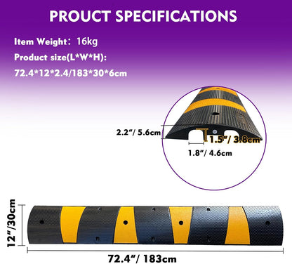 Rubber Speed Bump 6 Feet Rubber Driveway Modular Heavy Duty Speed 72.4 x 12 x 2.4 Inch Cable Protector Ramp for Garage Gravel Roads Asphalt Concrete, 6Ft-Speed Bump (2 Pack 6ft Speed Hump)