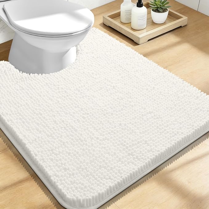 OLANLY Toilet Rugs U-Shaped 24x20, Extra Soft Absorbent Chenille Contour Bathroom Rugs for Toilet, Dry Quickly, Machine Washable, Non-Slip Bath Mat, Ivory