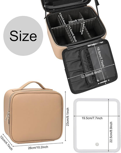 Relavel Makeup Bag with Light Up Mirror, Makeup Case Travel Cosmetic Bags Brush Organizer Storage Box, Rechargeable Vanity Mirror with 3 Color Lights, High Frame Mirror Protection (Brown)