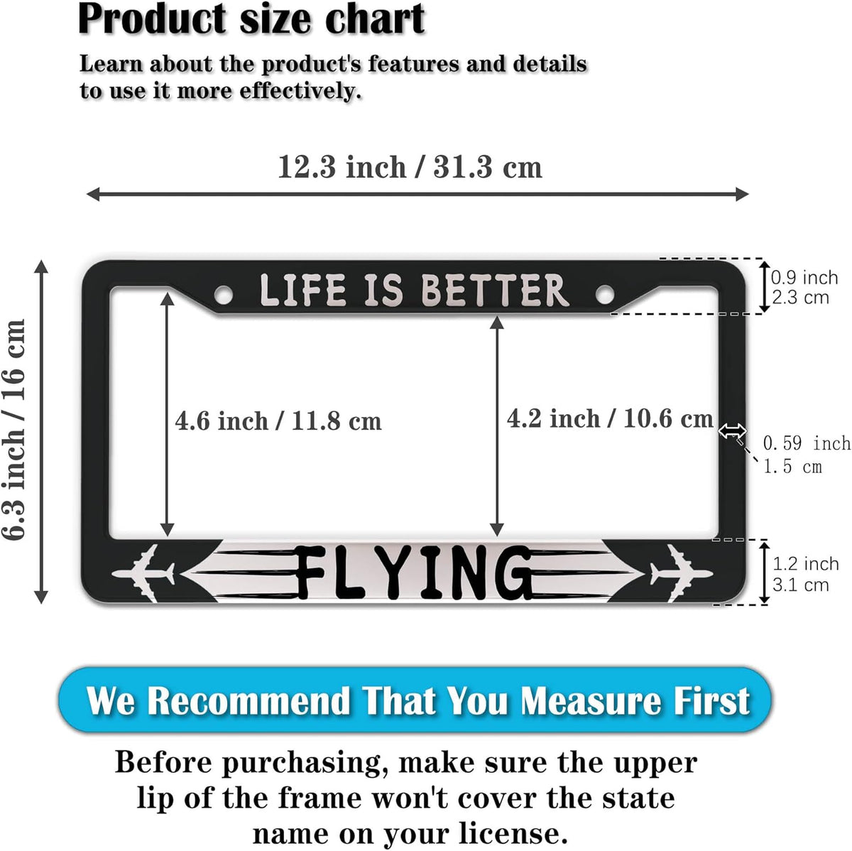 License Plate Frames Black and White Automotive Exterior Accessories Life is Better Flying Aluminum Metal Car Accessory 2 Pack with Screw Covers Set