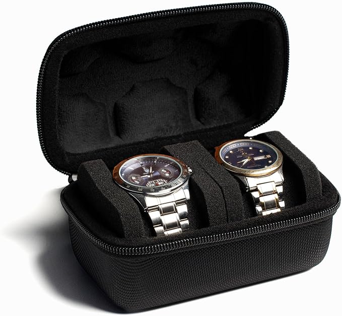 2 slot Hard Watch Travel Case, Watch Roll Case Storage and Organizer for Men and Women, with anti-move watch pillow (Black fabric 2 slot)