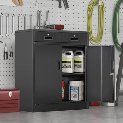 Metal Storage Cabinet, 36" H Locking Storage Cabinet with Two Drawers and Adjustable Shelf, Metal Cabinets for Office, Garage, Home-Black