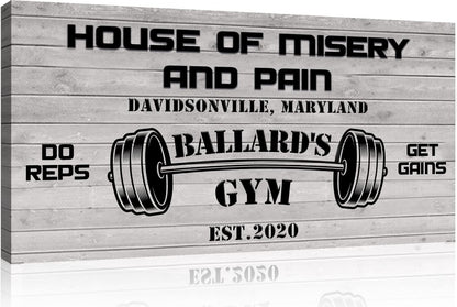 Tailored Canvases Personalized Gym Sign Wall Art Decor - Motivational Canvas for Home Gym, Workout Room, Garage, Fitness Center - Workout Inspirational Posters - House of Misery and Pain, White Wood 60x30in