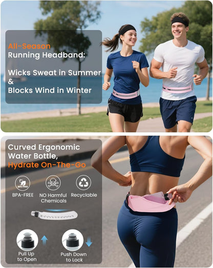 Running Belt for Women and Men, Adjustable Fanny Packs No Bounce Phone Holder for Running with Water Bottle & Headband, Waterproof Reflective Waist Packs for Runner Fits All Phones (M-Pink)