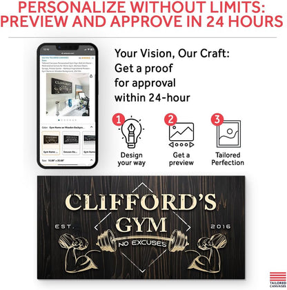Tailored Canvases Personalized Gym Sign Wall Art Decor - Motivational Canvas for Home, Workout Room, Garage, Fitness Center - Inspirational Posters With Name on Wooden Background, 48x24in