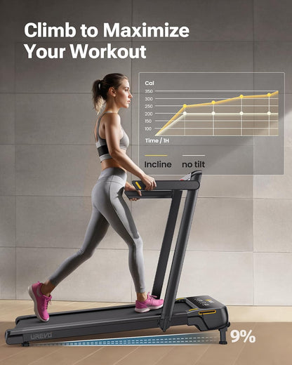 Smart Treadmill with 9% Auto Incline, Hiking and Running Walking Pad Treadmills for Home Office, Treadmill with UREVO APP, AI Powered Music Course, HIIT Programs Synced to Scenic Route, One-Click Mute
