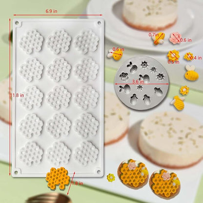 2PCS 15 Cavity Honeycomb Mold & Bee Silicone Tuile Molds,Honey comb Baking Mold,3D Beehive Candy Silicone Honey Fondant Molds,Chocolate silicone baking set Sugar Bees for Cake Decorating
