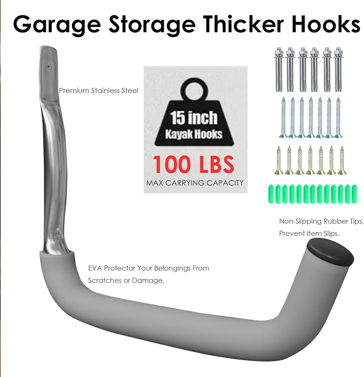 6 Pack Garage Hooks Heavy Duty, 15" 100LB Stainless Steel Wall Mount Kayak Storage Rack with EVA Pads for Hanging Indoor/Outdoor, Garage Storage Organizer for Hang Ladders Folding Chair Bike