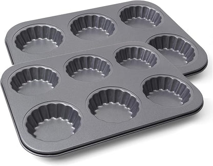 2 Pack Mini Tart Pan, 2.75" Egg Tart Molds 6-Cavity Non Stick Fluted Mini Tart Mould, Reusable Quiche Bakeware Carbon Steel for Pies, Quiche, Cheese Cakes, Desserts(Not Included Cutting Mold)