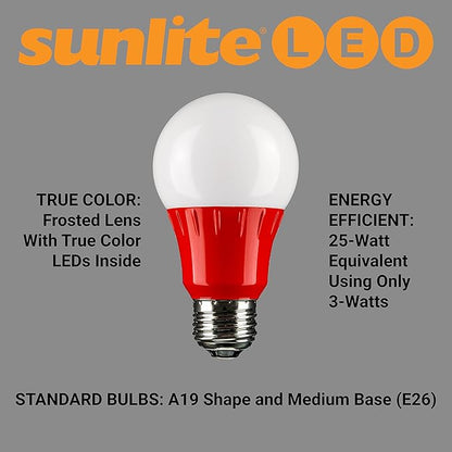 Sunlite 40454 LED A19 Colored Light Bulb, 3 Watts (25w Equivalent), E26 Medium Base, Non-Dimmable, UL Listed, Party Decoration, Holiday Lighting, 3 Count, Red