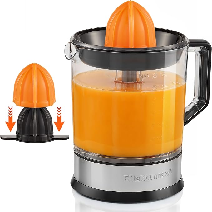 Elite Gourmet ETS047 BPA-Free 40-Watt Electric Citrus Juicer with 2 Cones, Compact, Large Volume, Pulp Control, Oranges, Lemons, Limes, Grapefruits with Easy Pour Spout, 1.2L, Black/Stainless Steel
