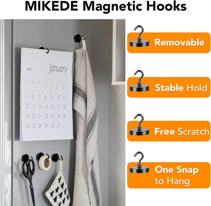 MIKEDE Magnetic Hooks, 150LB Super Strong Magnet Hooks Heavy Duty for Cruise Essentials, Black Neodymium Earth Magnets with Hook for Hanging, Magnetic Metal Hanger for Fridge, Toolbox - 4 Pack