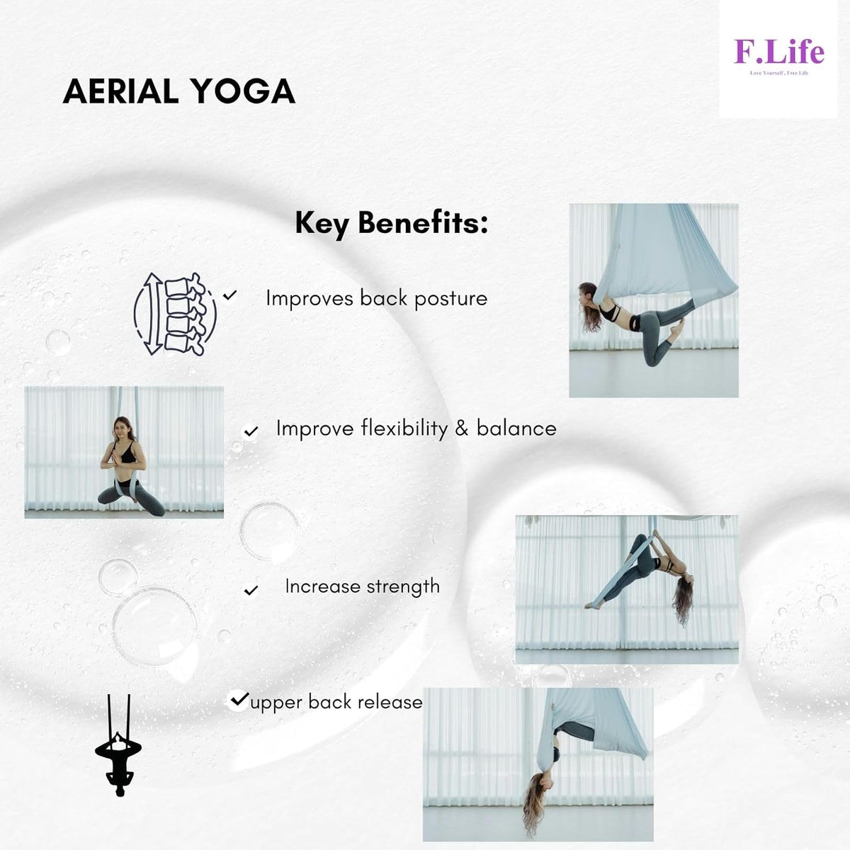F.Life Aerial Silk Yoga Hammock & Swing for yoga Inversion,Strength training,starter hardware kit