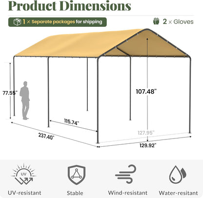 Carport, 10‘ x 20’ Heavy Duty Portable Garage All-Season Car Canopy w/Removable Sidewall & Doors, Carport Canopy Party Tent w/Water-Resistant Tarp for Backyard (Yellow, 10' x 20' /no Side)