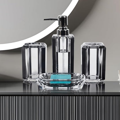 4 Piece Premium Acrylic Bathroom Accessory Set, Hand Sanitizer Bottle, Lotion Can Bathroom Suit, Separate Bottle Soap Box, Mouthwash Cup, Toothbrush Cup(Brushed Black)