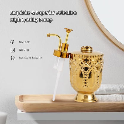 4-Piece Bathroom Accessory Set, Ceramic Bathroom Soap Dispenser Sets, Complete Gold Bath Decor Include Soap Dispenser, Toothbrush Holder, Tumblers,Soap Dish