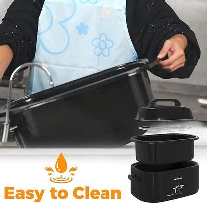 28 Quart Electric Roaster Oven with Visible & Self-Basting Lid, Large Turkey Roaster with Defrost Warm Function, Adjustable Temperature, Removable Pan Rack, Stainless Steel, Black
