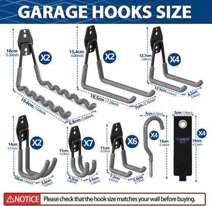 3-H Garage Wall Hooks 31 Pack, Garage Hooks Heavy Duty with Extra Welding Spots, Garage Organizer for Garden, Lawn, Yard Tools, Chairs, Ladders, Weed Eater, Shovel, Blower(Gray)