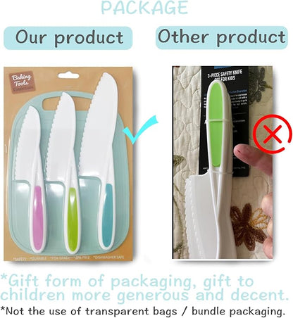 Kids Knife Set for Real Cooking, 4 Pieces Toddler Knife Set, Nylon Kitchen Baking Knife with Cutting Board, Firm Grip, Serrated Edges Kids Knives for Cutting Cakes, Fruit, Veggies & Bread