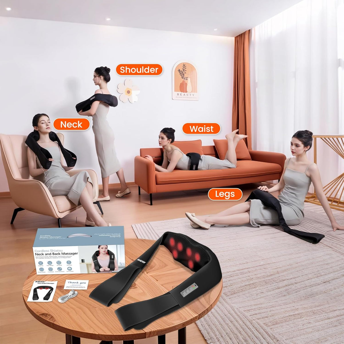 AMZPONY® Cordless Neck Massager for Pain Relief Deep Tissue, Rechargeable Shiatsu Neck and Back Massager Portable Kneading Shoulder Massage for Body Muscle Pain Relief,Gifts for Dad Mom Friends