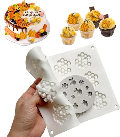 2PCS 15 Cavity Honeycomb Mold & Bee Silicone Tuile Molds,Honey comb Baking Mold,3D Beehive Candy Silicone Honey Fondant Molds,Chocolate silicone baking set Sugar Bees for Cake Decorating