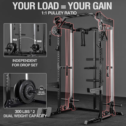 Mikolo Power Cage, 2000LB Power Rack with Independent Dual Pulley System, Multi-Function Home Gym Workout Machine for Cable Crossover