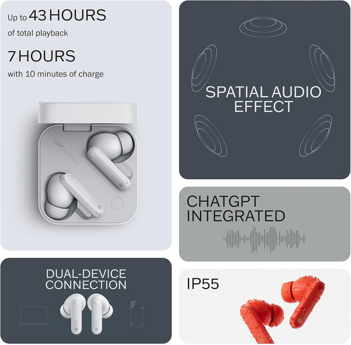CMF Buds Pro 2 Wireless Earbuds, Hi-Res Audio with LDAC, 50 dB Hybrid Noise Cancelling Earbuds, Ultra Bass Technology, Bluetooth 5.3, 43H Play Time with Charging Case, 6 HD Mics Headphones, Orange