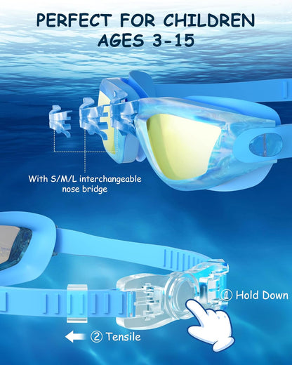 Kids Swim Goggles, Swimming Goggles for Kids Toddlers 3-14 with Swim Cap, Nose Clip, Nose Bridge, Ear Plugs