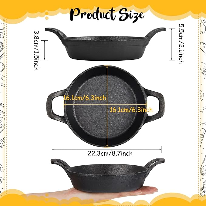 Mini Cast Iron Skillets 6.3 x 6.3 x 1.5 Inch Cast Iron Pan Small Ramekin Set Black Casserole Dish Cookware Oven Safe Mini Skillets for Kitchen Indoor Outdoor Picnic (2 Pack)