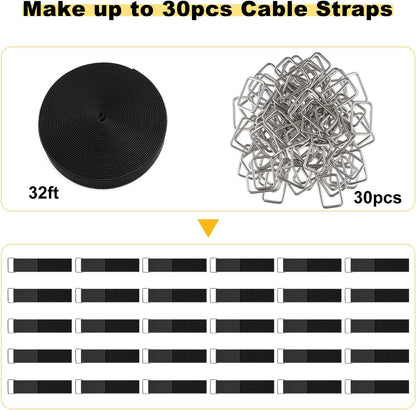 1.5"x32ft Hook and Loop Straps with 30 Metal Buckles, Adjustable Fastening Cable Straps, Cut-to-Length Cinch Strap, Reusable Nylon Securing Cord Ties for Organizer or Storage, Black