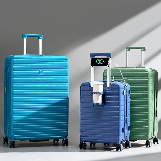 Hard Shell Suitcases Expandable Travel Luggage Sets 3 Piece, Carry on and Check in 3 Piece Luggage Suitcase Sets with Spinner Wheels Cup Holder Charger Built in (Caribbean Blue, 20/24/28)
