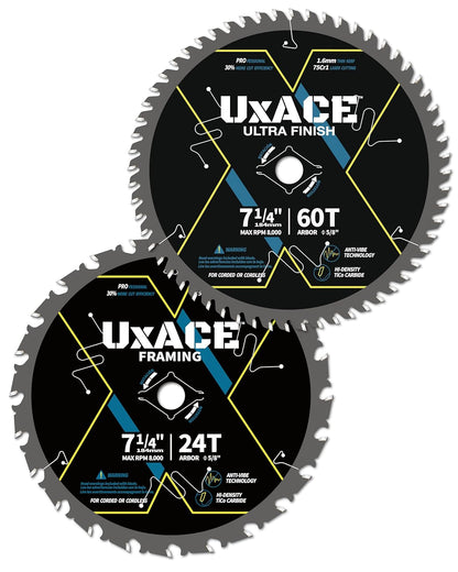 7-1/4-Inch 24&60-Tooth Circular Saw Blade with 5/8-Inch Arbor, Framing & Ultra Finish Wood Cutting, Carbide Tip, Thin Kerf, for Plywood, MDF, OSB, Laminated, 2 Pack
