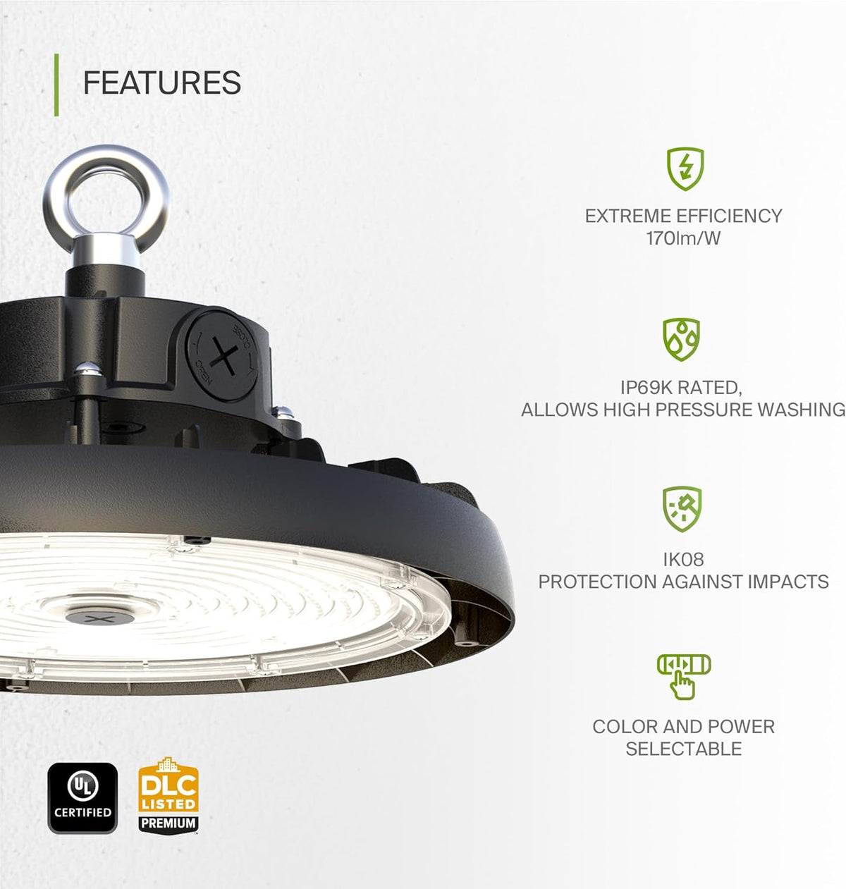 ASD LED High Bay UFO Light Fixture, Commercial Shop Lighting | 3CCT, Dimmable, IP69K Waterproof, DLC Premium, UL Listed | 150W 23600LM 3000-5000K 100-277V | Warehouse, Garage, Workshop Lamp | Black