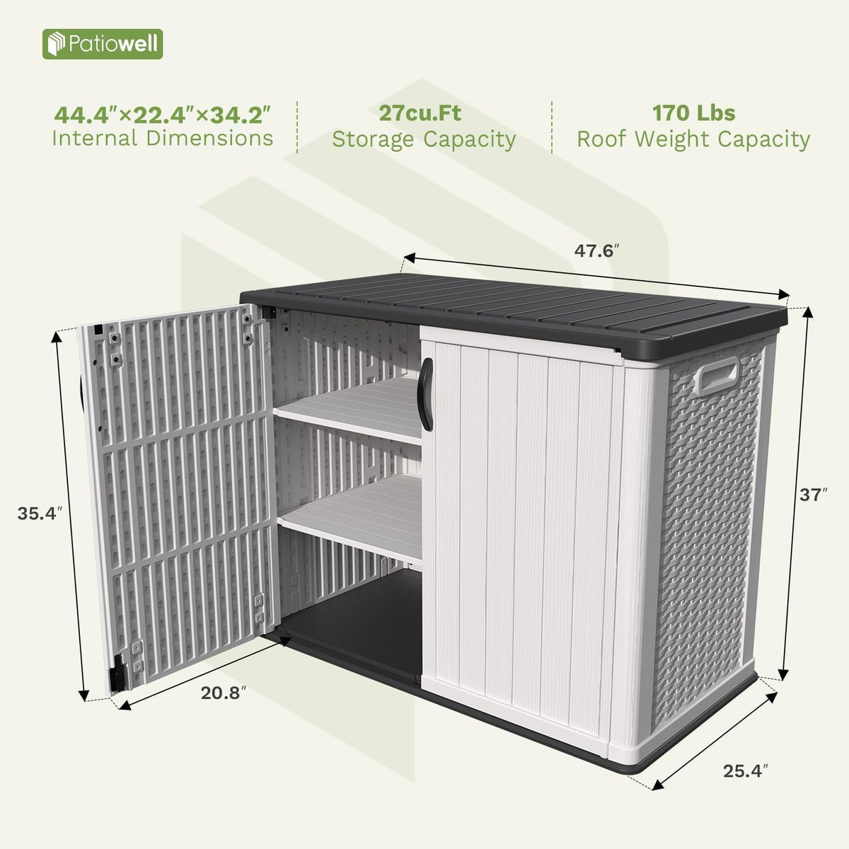 Patiowell 26 Cu.ft Plastic Outdoor Storage Shed w/o Shelf, Lockable Waterproof Horizonal Storage Cabinet Tool Box for Patio, Garden Tools, Garbage Cans, Pool Supplies, White(Not Include Shelves)
