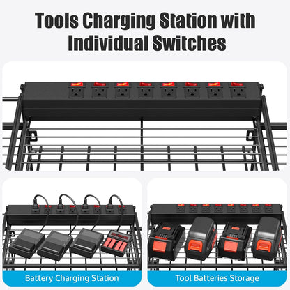 CCCEI Black Power Tool Organizer Wall Mount, Large Tools and Battery Storage Rack Charging Station Individual Switches. Drills Holder, Garage Utility Shelves with 6FT Power Strip. Gift for Men.