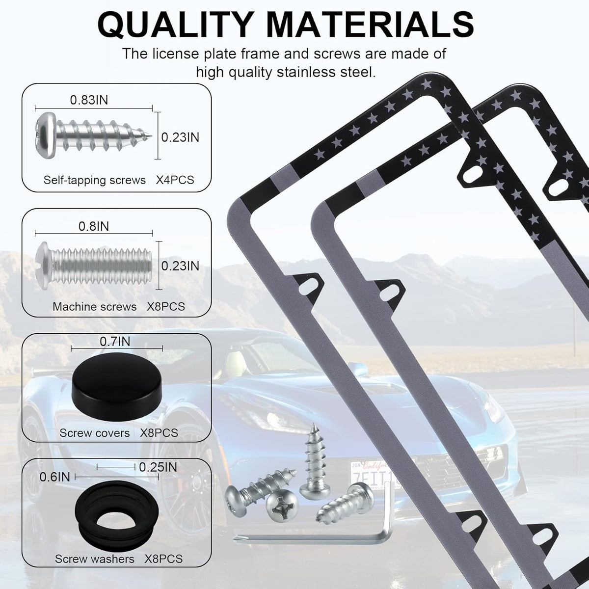 LivTee American Flag License Plate Frames, 4 Holes Stainless Steel License Plate Covers, 2PCS Car License Plate Holder, Automotive Exterior Accessories, Black-Gray