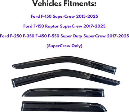 KPY Window Visor Rain Guard for 2015-2025 Ford F150 SuperCrew, Tape-On Deflectors Vent Visor for 2017-2025 F150 Raptor F250 F350 F450 F550 SuperDuty Crew, 2016 2017 2018 2019 2020 2021 2022 2023 2024