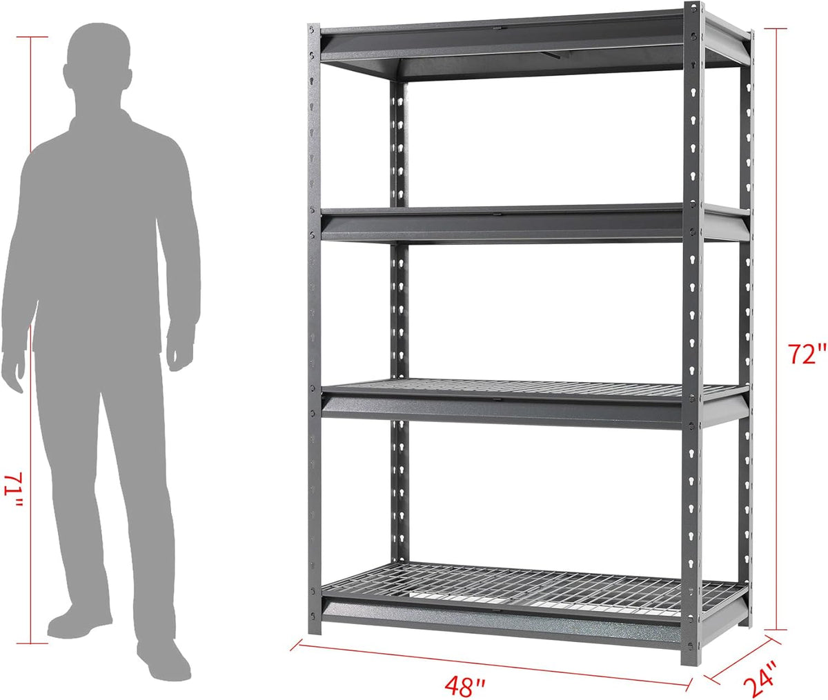 The Atlas 48" W Heavy Duty Garage Shelving Unit Load 12000 Lbs, 4-Tier Metal Shelves for Storage, Adjustable All Steel Industrial Shelf, 48" W x 24" D x 72" H, Grey